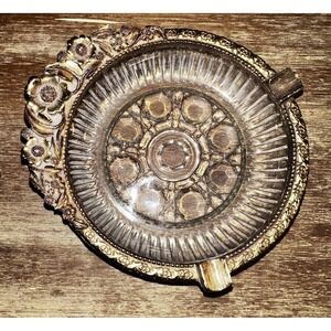 Beautiful Ornate Crystal Ashtray with Bronze Gilded Floral Wreath